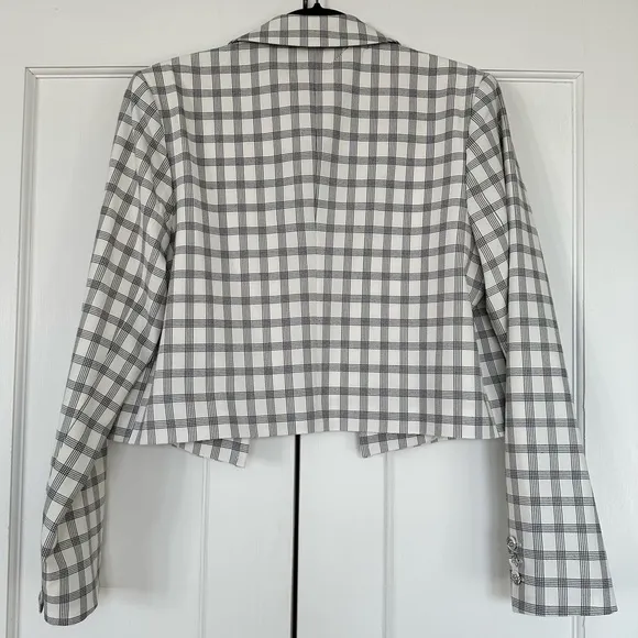 *NWT* Danielle Bernstein Cropped Open-Front Blazer Ivory Black Houndstooth Print
