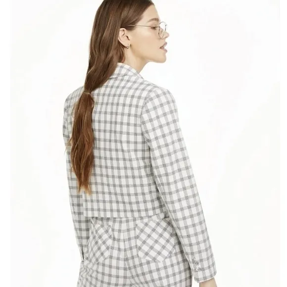 *NWT* Danielle Bernstein Cropped Open-Front Blazer Ivory Black Houndstooth Print
