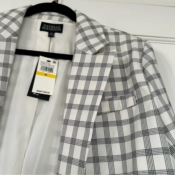 *NWT* Danielle Bernstein Cropped Open-Front Blazer Ivory Black Houndstooth Print