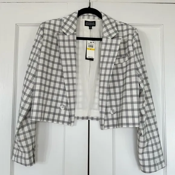 *NWT* Danielle Bernstein Cropped Open-Front Blazer Ivory Black Houndstooth Print