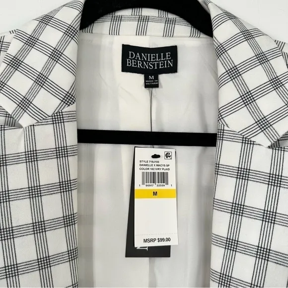 *NWT* Danielle Bernstein Cropped Open-Front Blazer Ivory Black Houndstooth Print