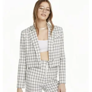 *NWT* Danielle Bernstein Cropped Open-Front Blazer Ivory Black Houndstooth Print