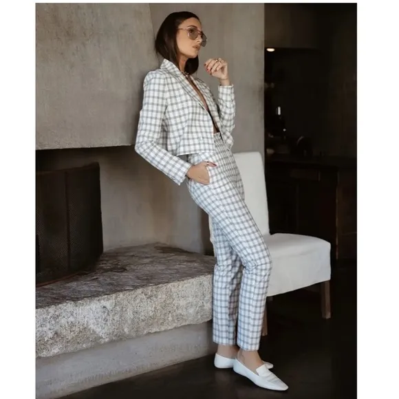 *NWT* Danielle Bernstein Cropped Open-Front Blazer Ivory Black Houndstooth Print