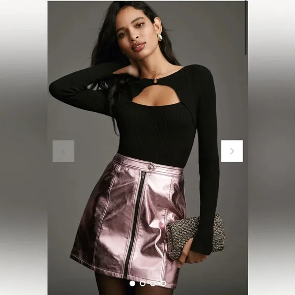 NWT new Anthropologie 4SI3NNA metallic moto mini skirt XS pink zipper front