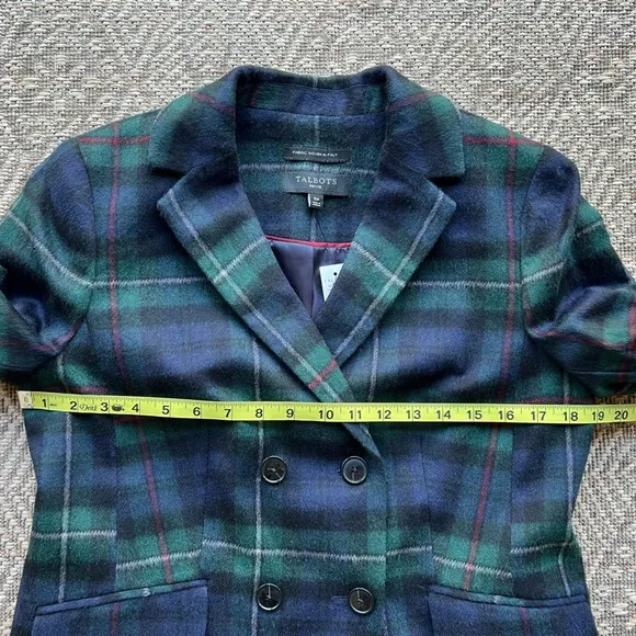 NWT Talbots Petite Women's Green/Navy Blue Plaid Wool Blend Blazer Jacket 12P