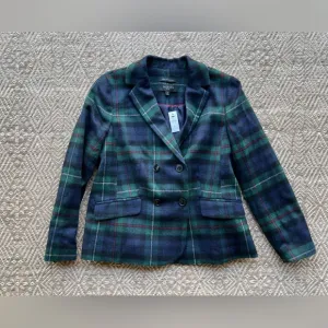 NWT Talbots Petite Women's Green/Navy Blue Plaid Wool Blend Blazer Jacket 12P