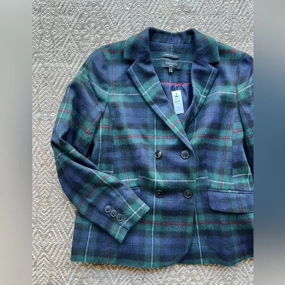 NWT Talbots Petite Women's Green/Navy Blue Plaid Wool Blend Blazer Jacket 12P