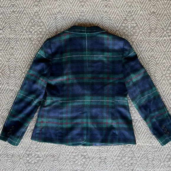 NWT Talbots Petite Women's Green/Navy Blue Plaid Wool Blend Blazer Jacket 12P