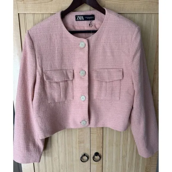 NWT ZARA TEXTURED Crop Jacket Blazer Pink Womens Size XXL Barbie Blogger New