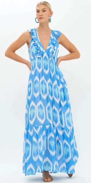 Odisha Blue Ruffle V Neck Maxi Dress
