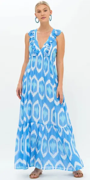 Odisha Blue Ruffle V Neck Maxi Dress