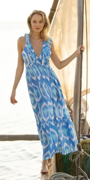 Odisha Blue Ruffle V Neck Maxi Dress