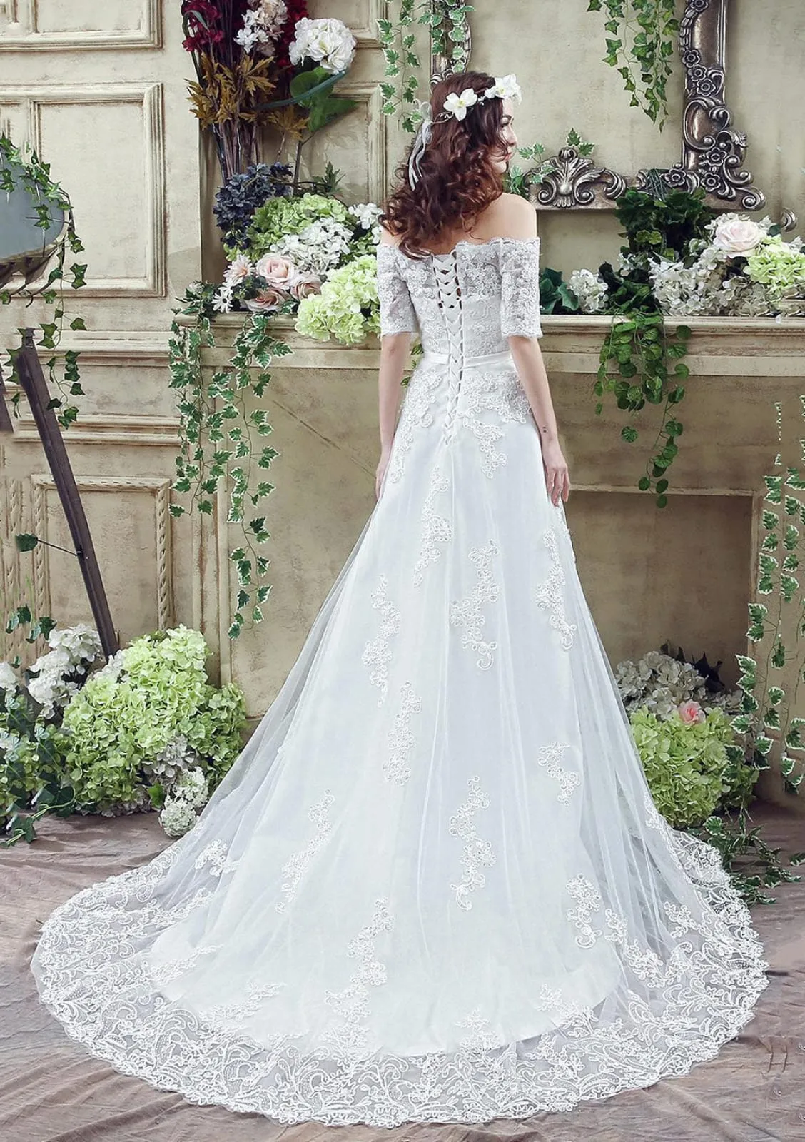 Off Shoulder White Princess A-line Lace Tulle Wedding Dress