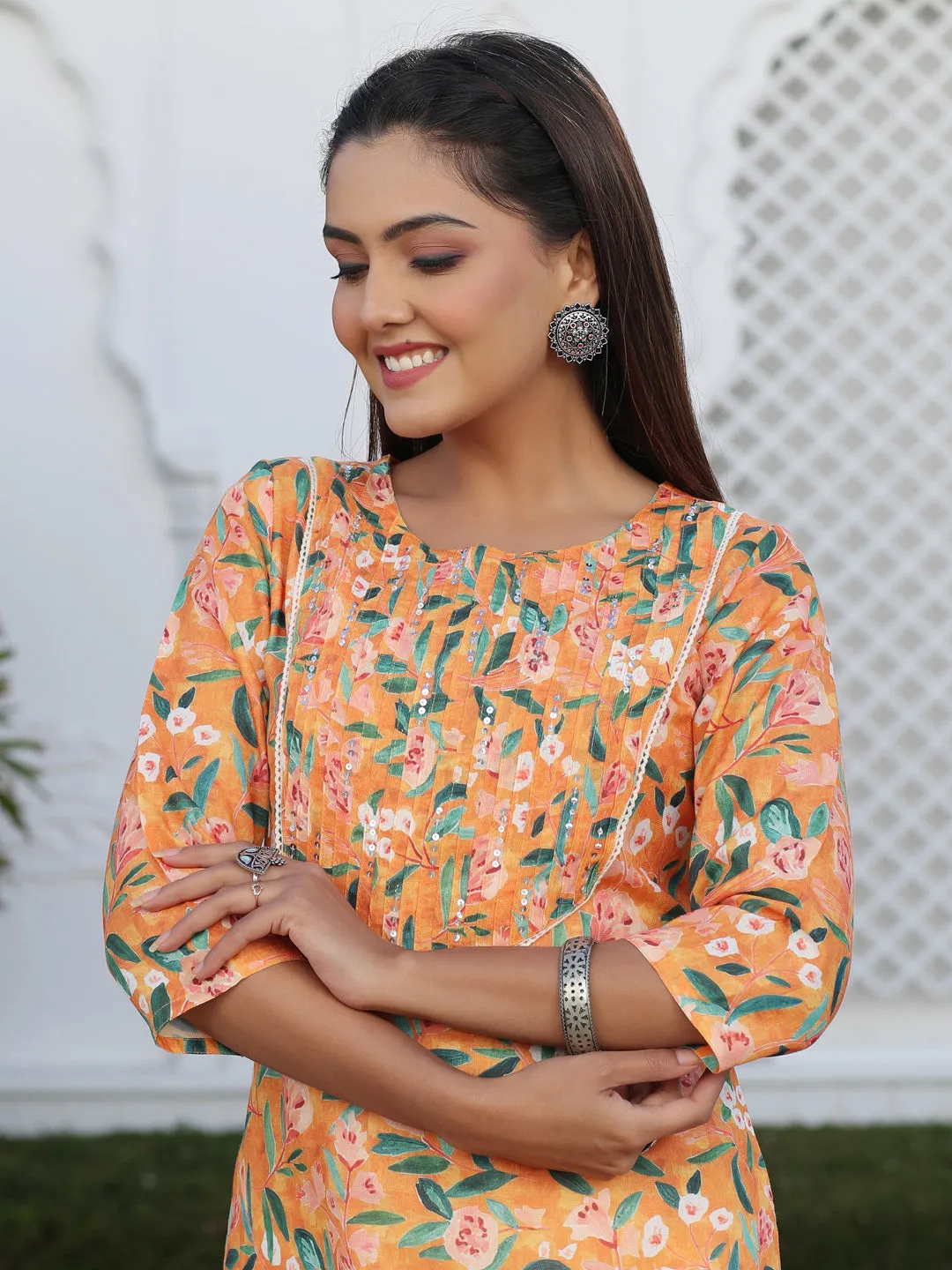 Orange Floral Digital Print Slub Kurta With Pintuck And Sequence Embellished In Yoke And Lace Detailing