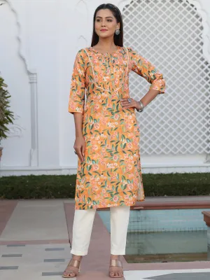 Orange Floral Digital Print Slub Kurta With Pintuck And Sequence Embellished In Yoke And Lace Detailing