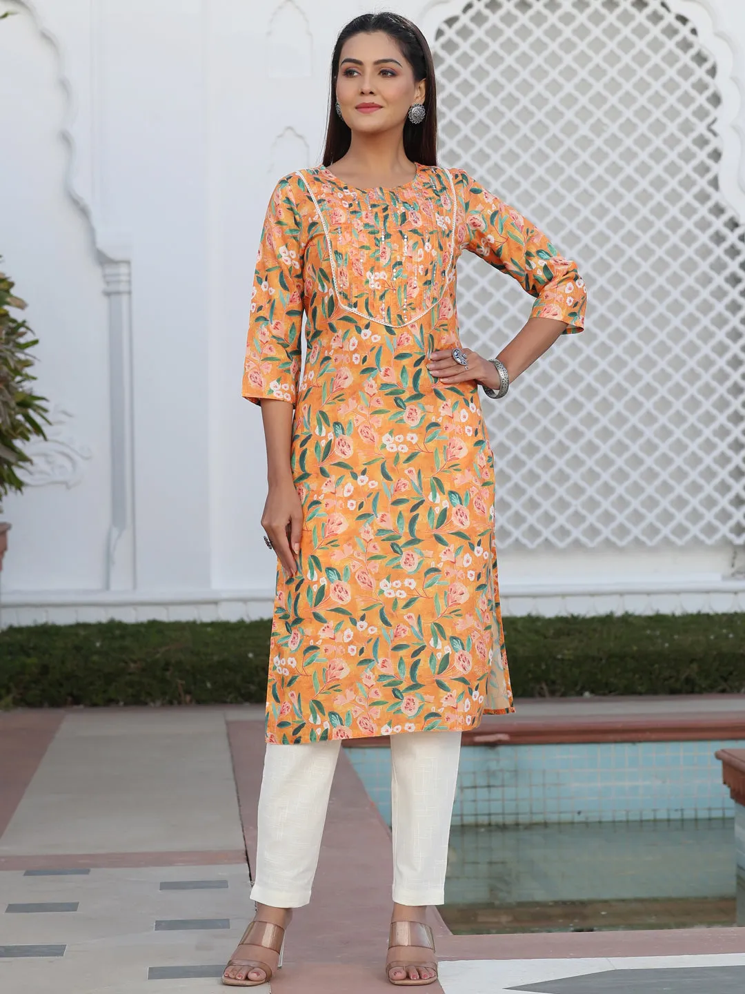 Orange Floral Digital Print Slub Kurta With Pintuck And Sequence Embellished In Yoke And Lace Detailing