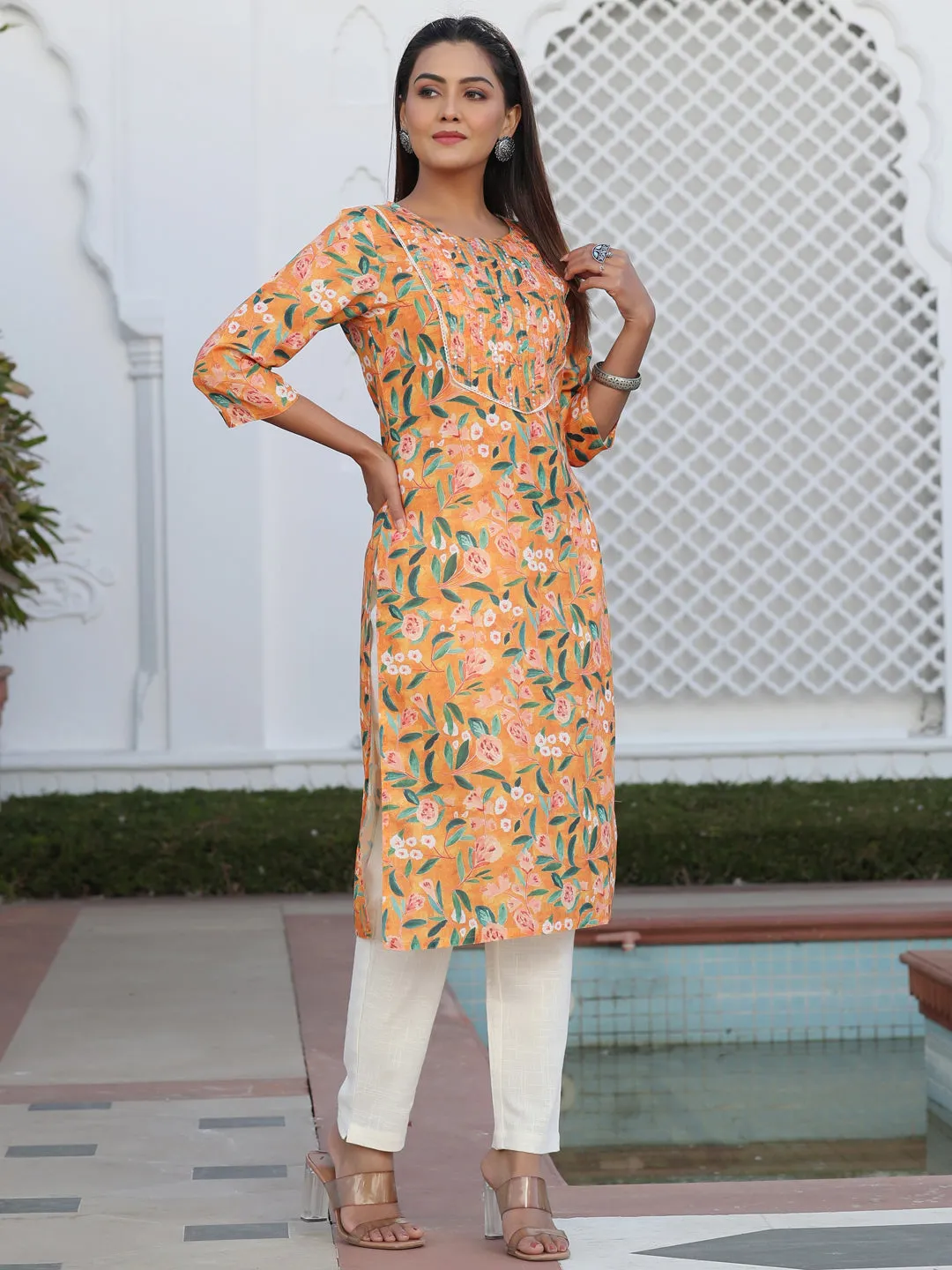 Orange Floral Digital Print Slub Kurta With Pintuck And Sequence Embellished In Yoke And Lace Detailing