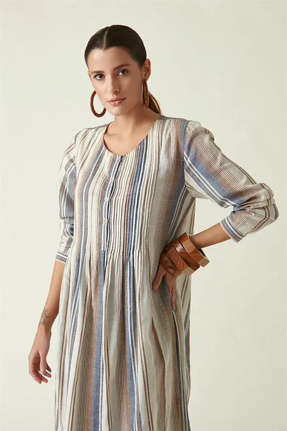 Payal Pratap   I   Yorkville Keith Striped Dress Cotton Handloom Brown/Blue Transition Edit 4SB-111