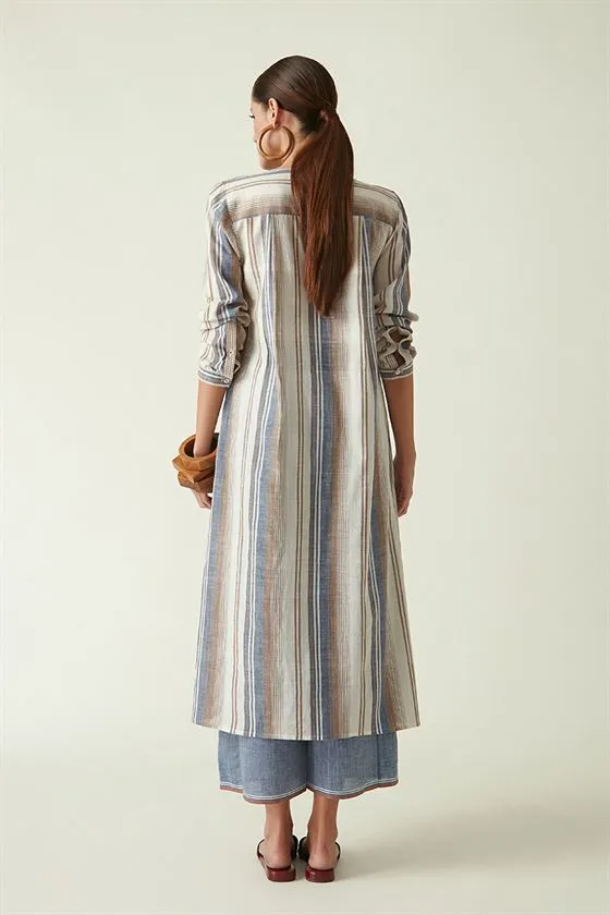 Payal Pratap   I   Yorkville Keith Striped Dress Cotton Handloom Brown/Blue Transition Edit 4SB-111