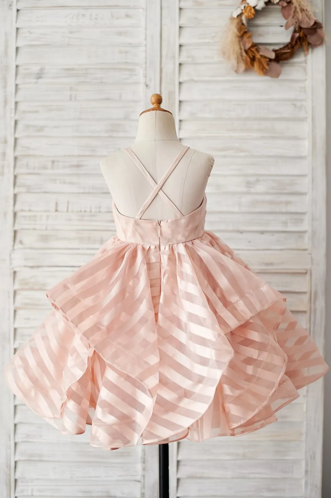 Peach Stripe Organza Spaghetti Straps Wedding Flower Girl Dress