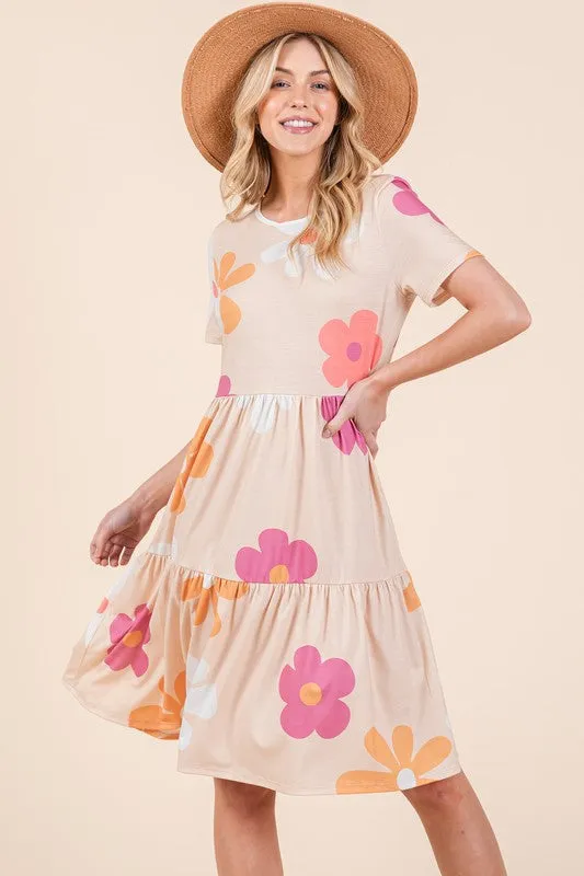Pink Floral Round Neck Short Sleeve Tiered Dress