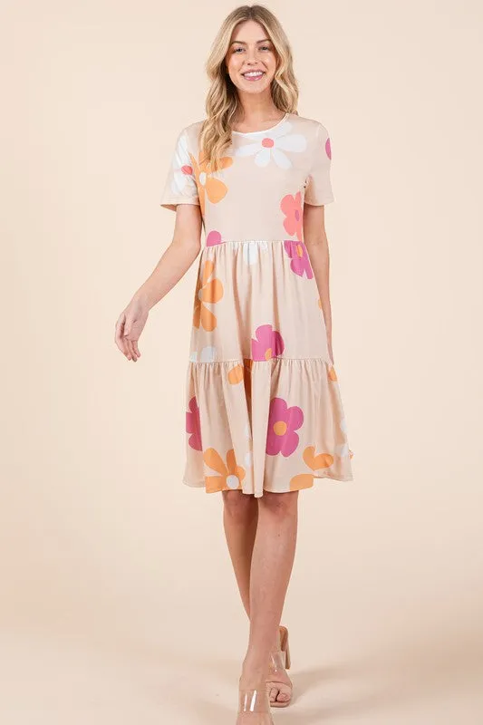 Pink Floral Round Neck Short Sleeve Tiered Dress