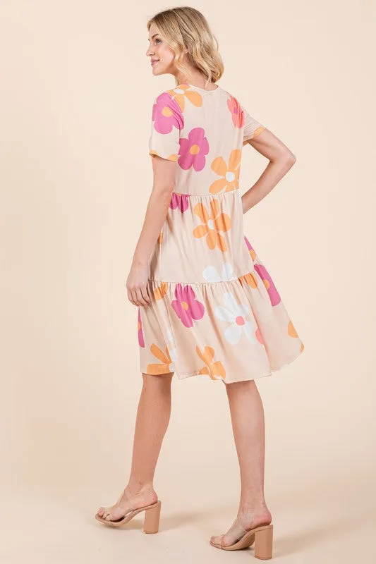 Pink Floral Round Neck Short Sleeve Tiered Dress