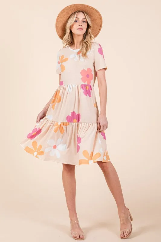 Pink Floral Round Neck Short Sleeve Tiered Dress