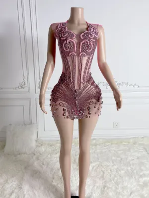Pink Multi Stones Mini Dress