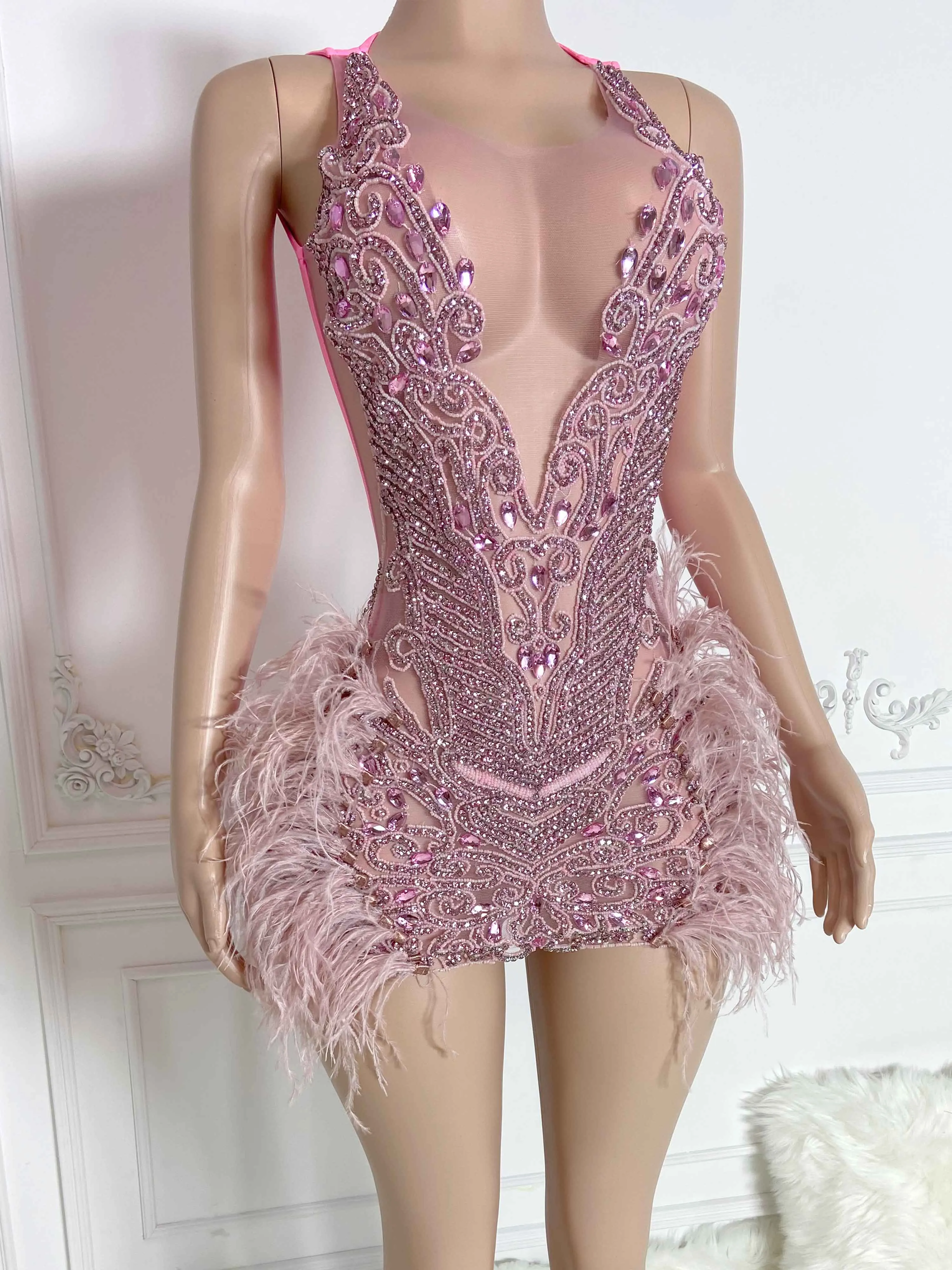 Pink Ostrich Fur and Rhinestone Sleeveless Mini Dress