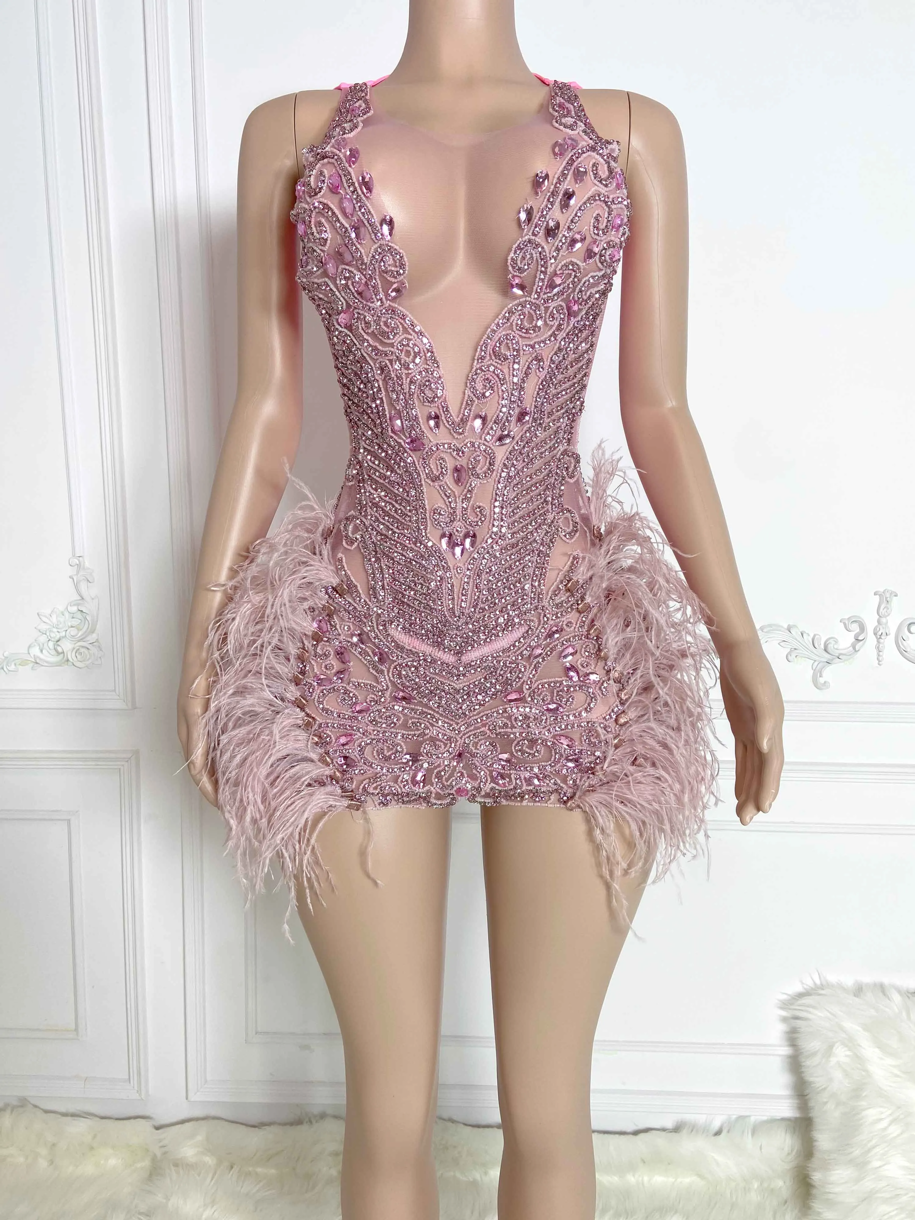 Pink Ostrich Fur and Rhinestone Sleeveless Mini Dress