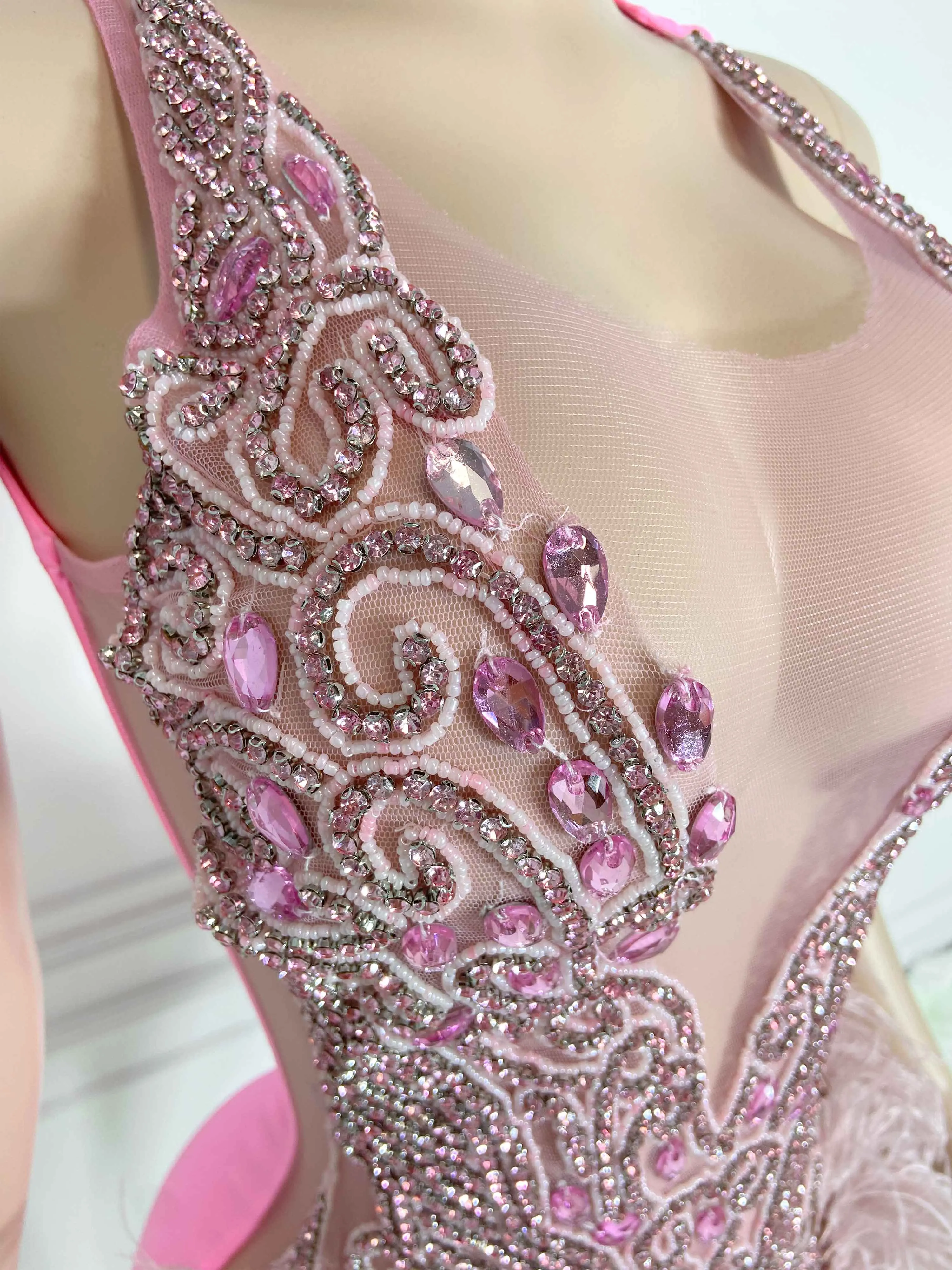 Pink Ostrich Fur and Rhinestone Sleeveless Mini Dress