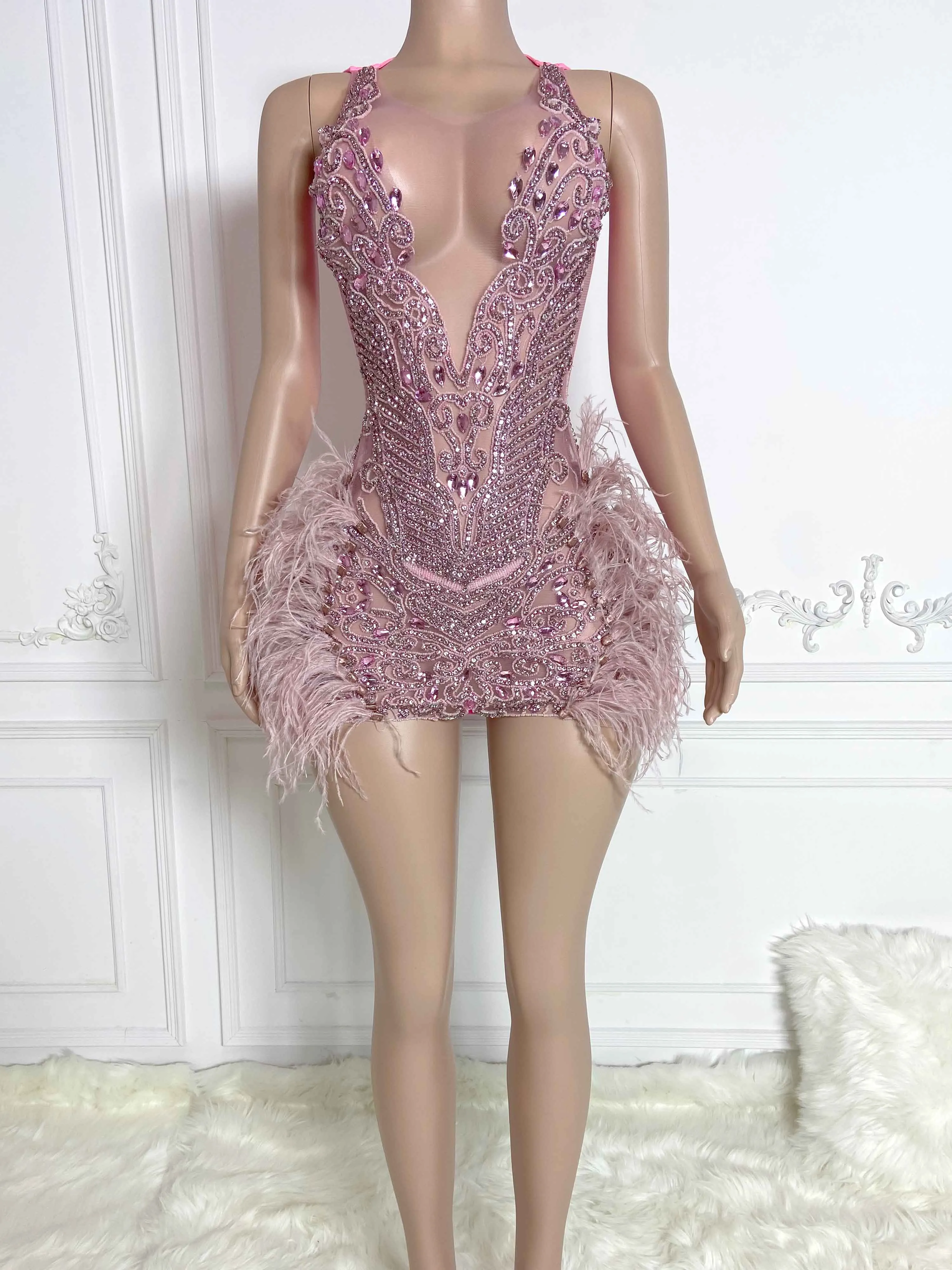 Pink Ostrich Fur and Rhinestone Sleeveless Mini Dress