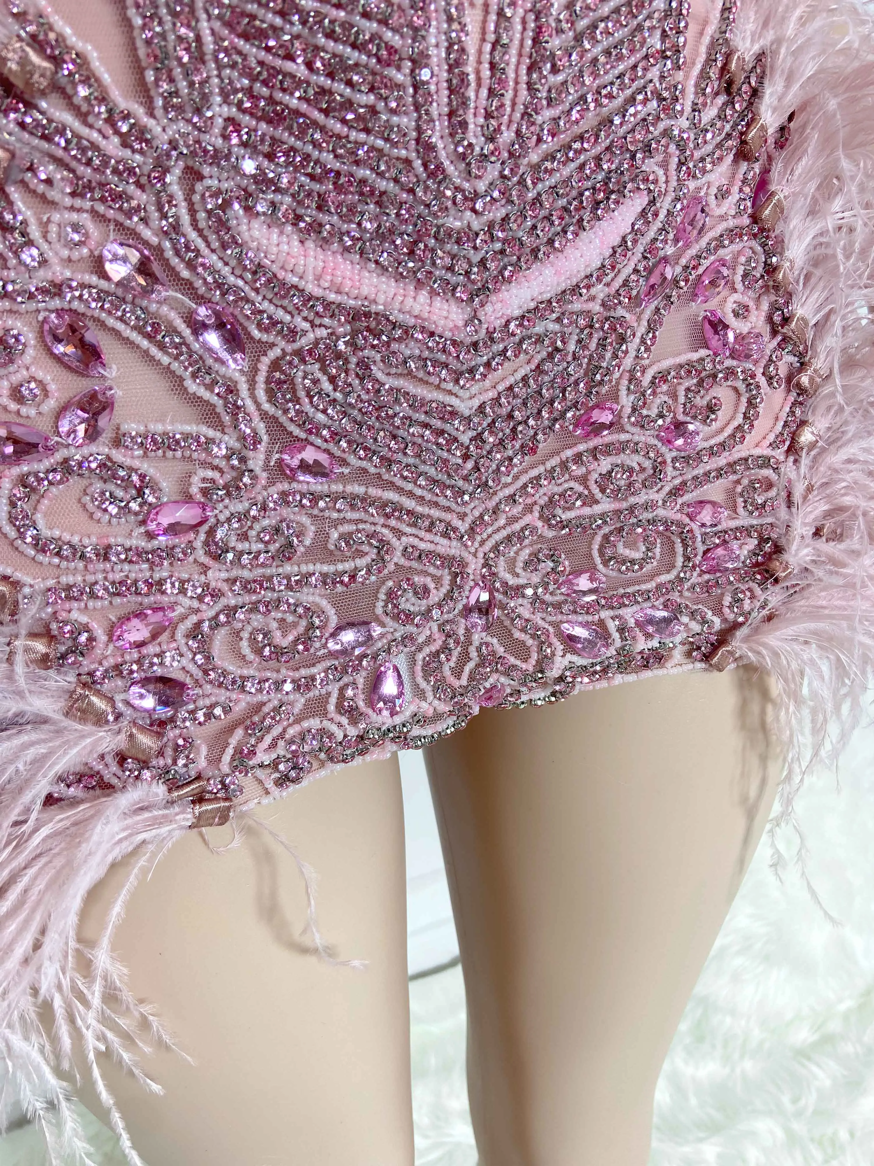 Pink Ostrich Fur and Rhinestone Sleeveless Mini Dress