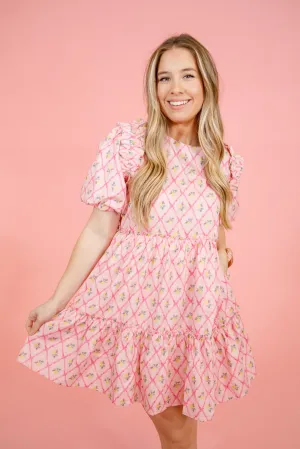 Pink Pattern Bubble Sleeve Dress