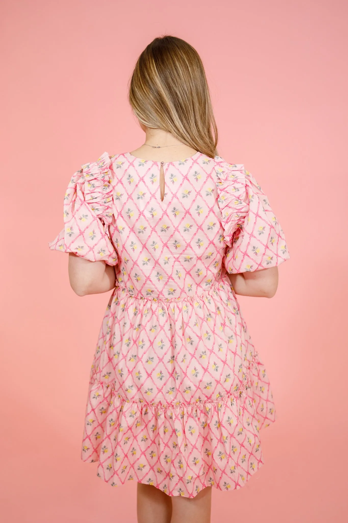 Pink Pattern Bubble Sleeve Dress