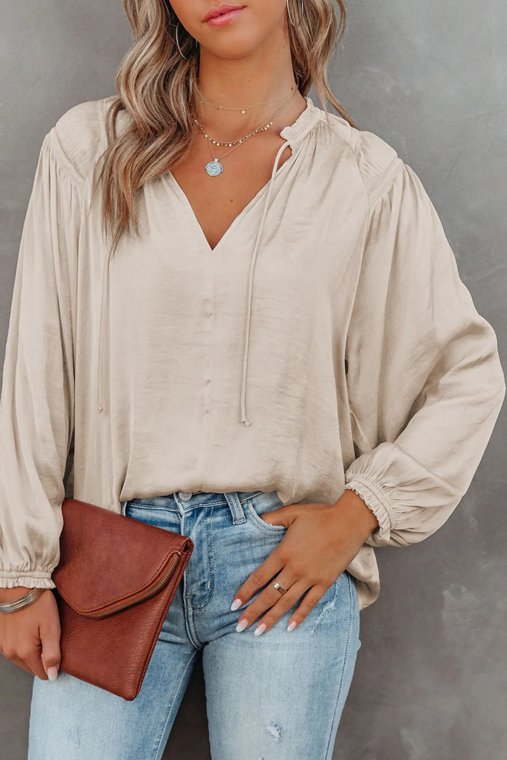 Pink Pleated Balloon Sleeve Drawstring V-Neck Blouse