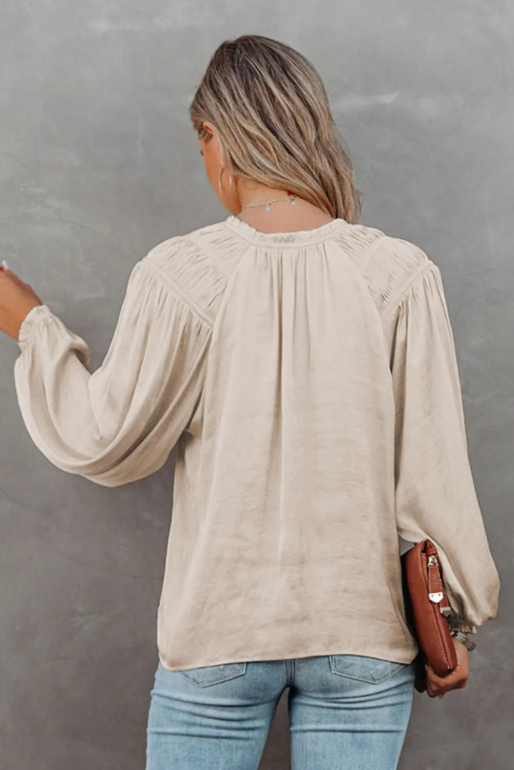 Pink Pleated Balloon Sleeve Drawstring V-Neck Blouse