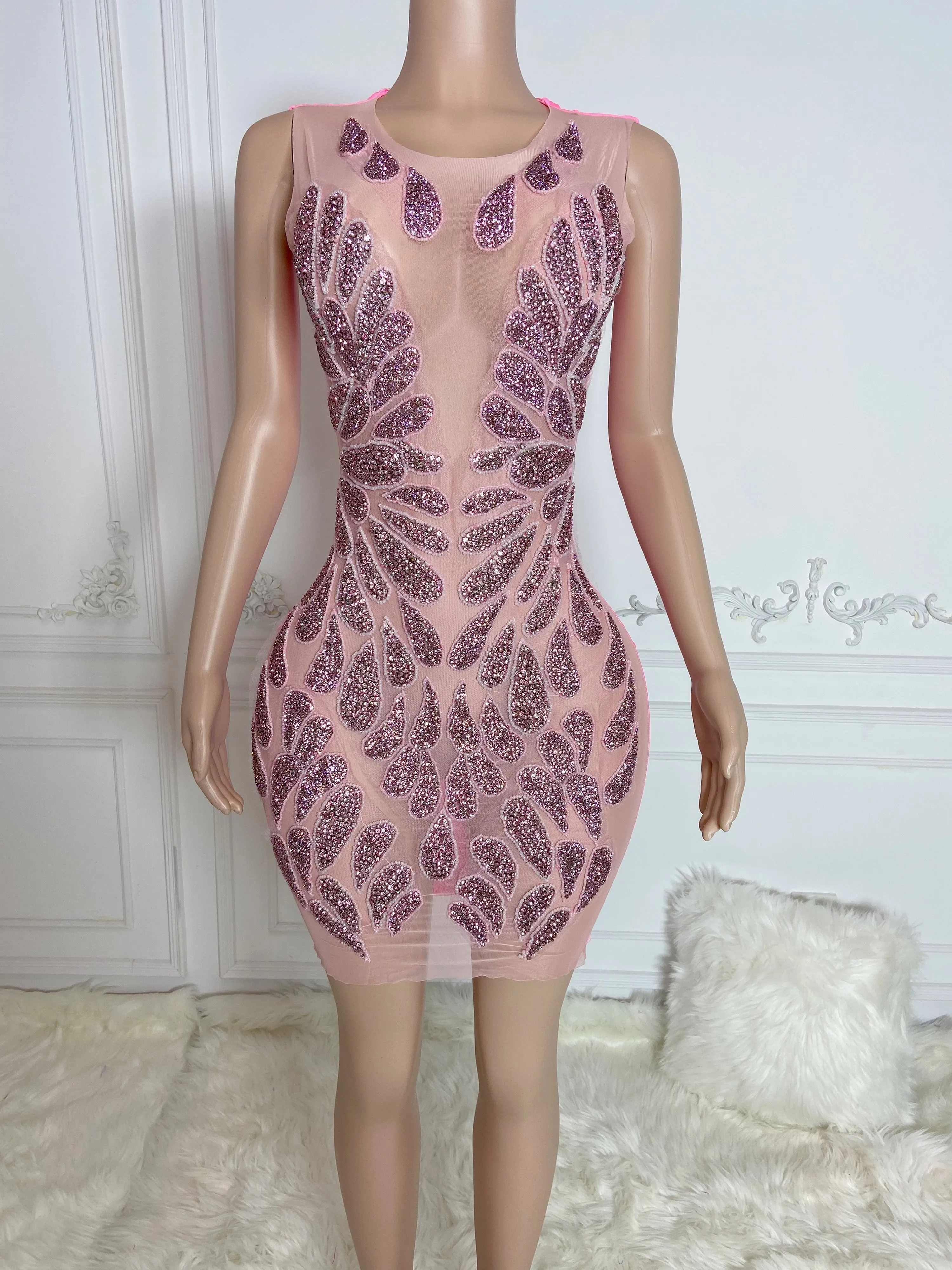 Pink Round Neck Sleeveless with Rhinestone Collar Mini Dress