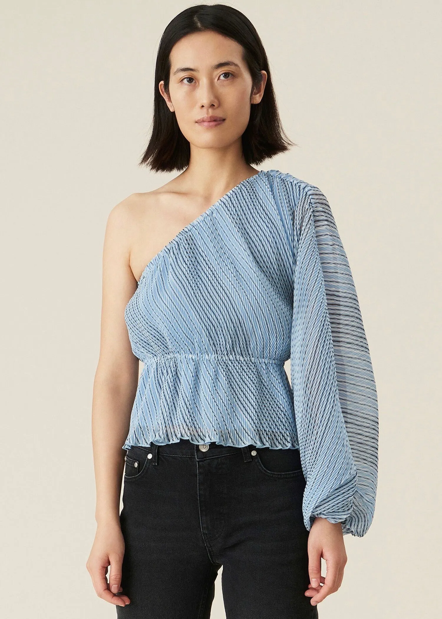 Pleated Georgette One Shoulder Blouse (Heather)