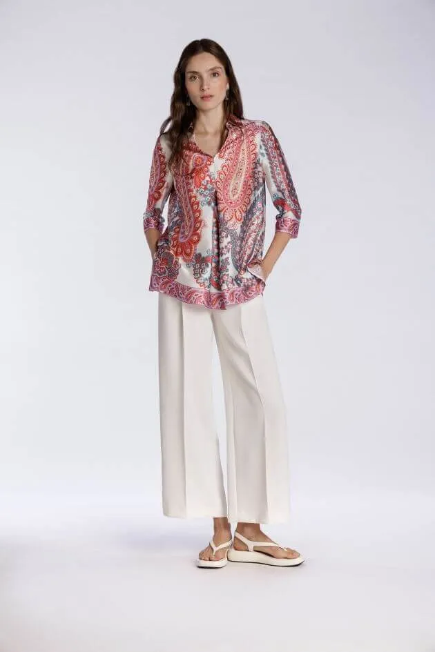 Pleated Satin Blouse in Coral Paisley