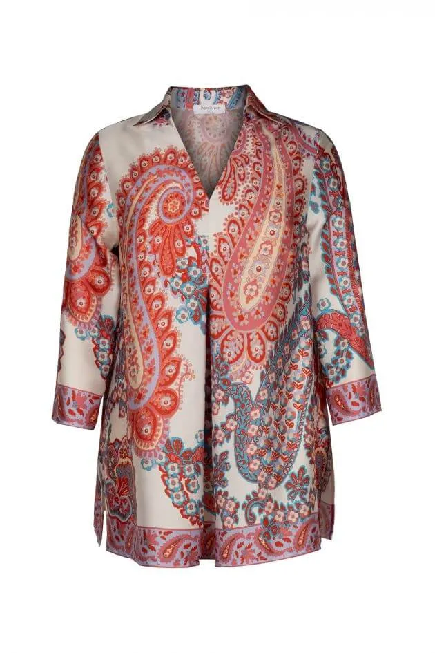 Pleated Satin Blouse in Coral Paisley