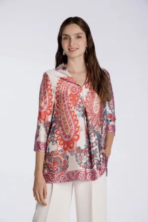 Pleated Satin Blouse in Coral Paisley