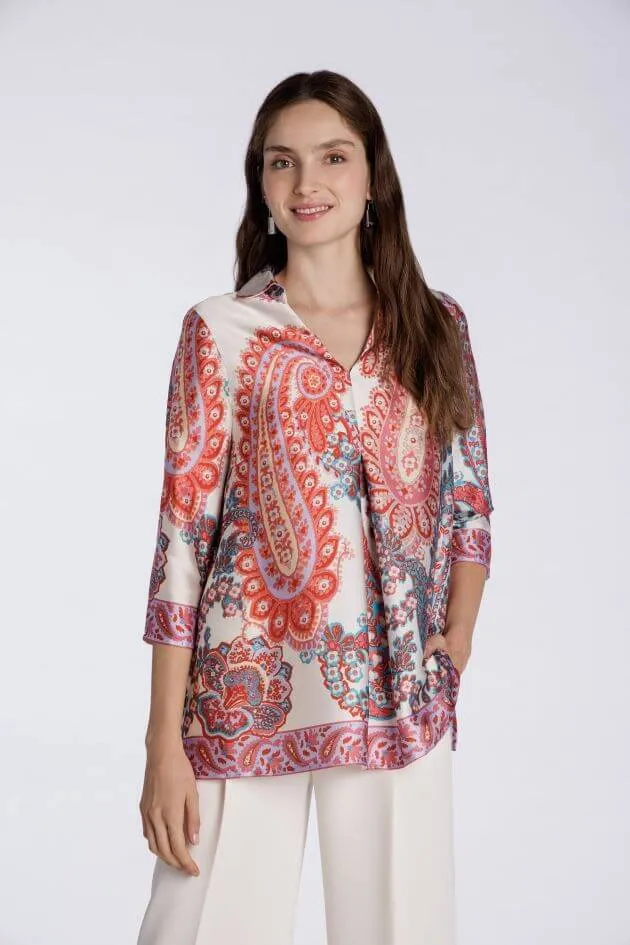 Pleated Satin Blouse in Coral Paisley