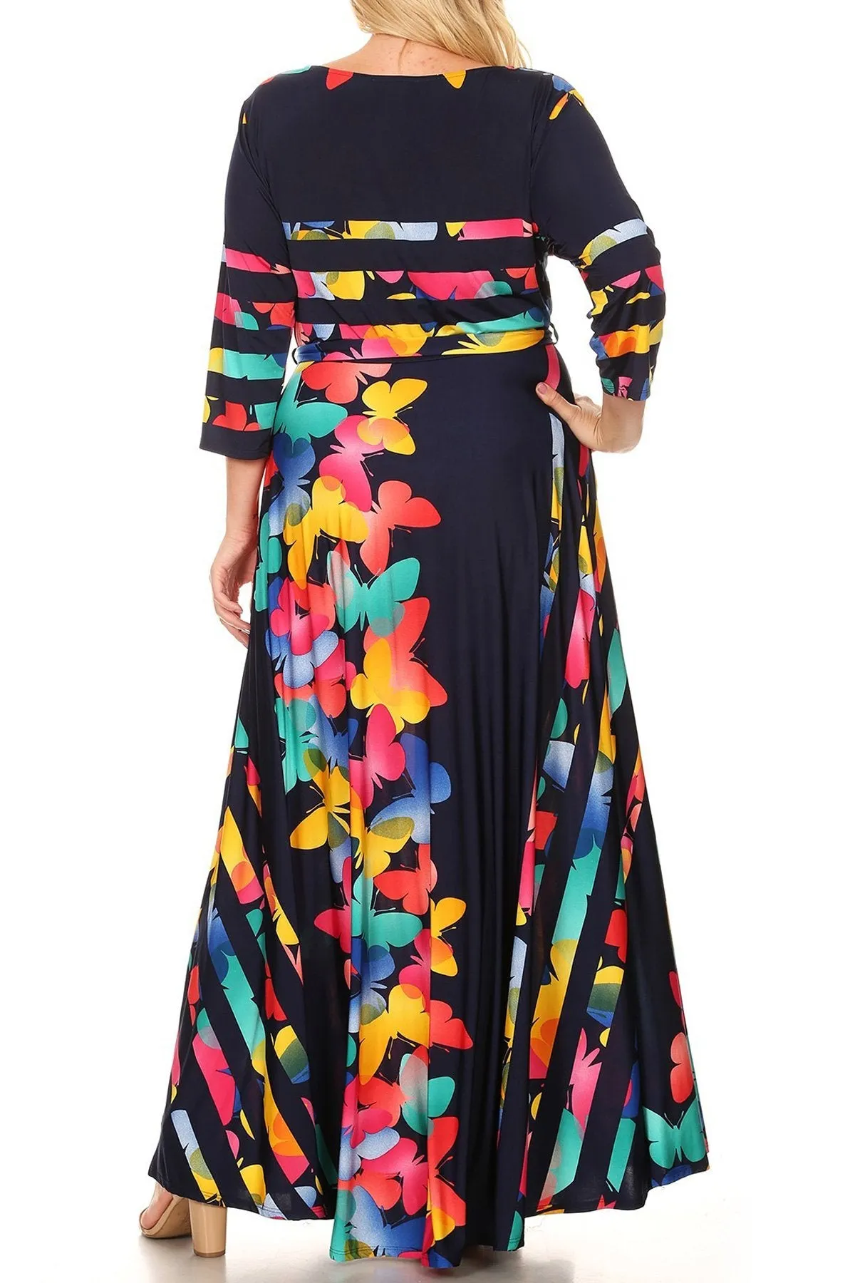 Plus Size Butterfly Abstract Stripe Waist Tie Maxi Dress