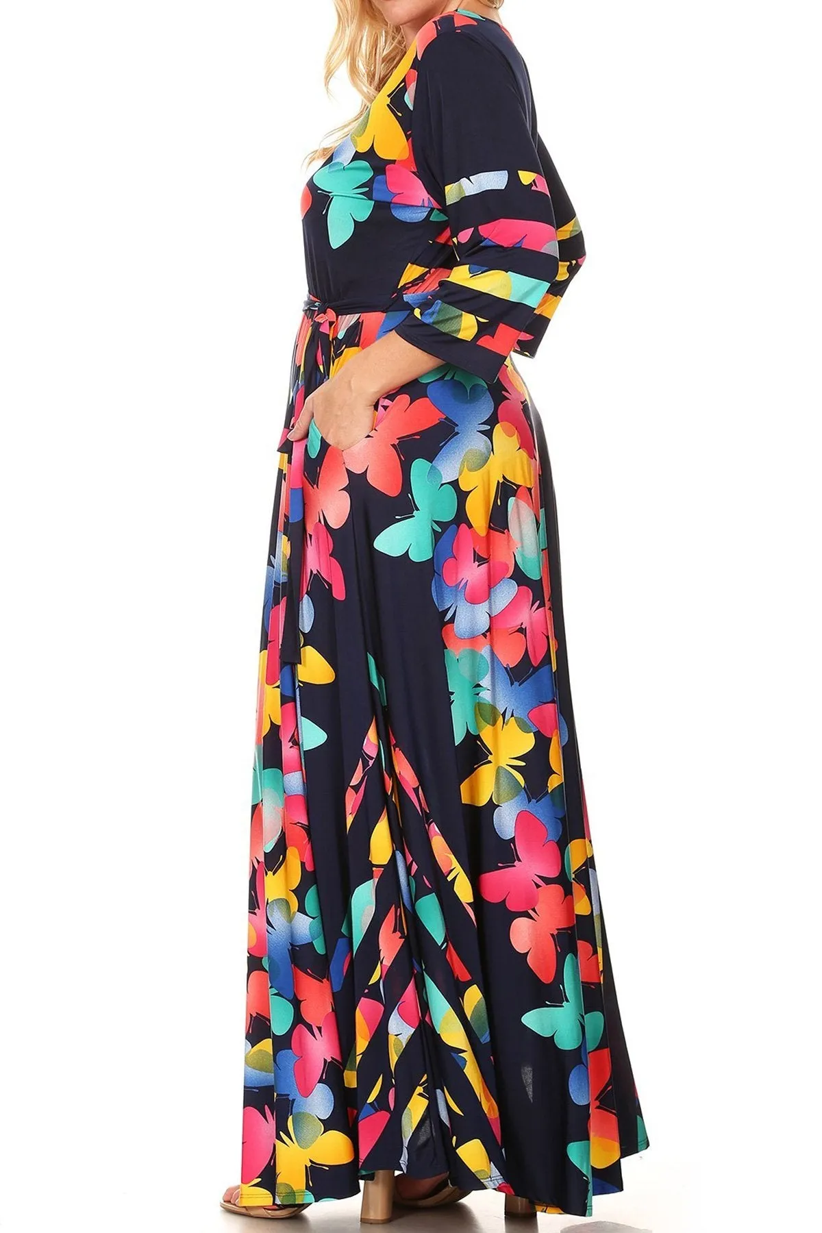 Plus Size Butterfly Abstract Stripe Waist Tie Maxi Dress