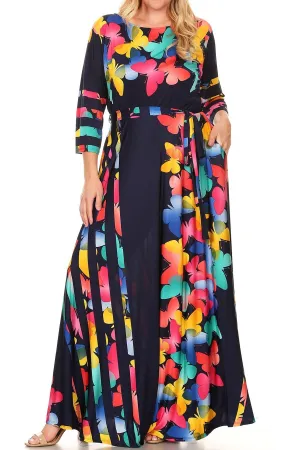 Plus Size Butterfly Abstract Stripe Waist Tie Maxi Dress