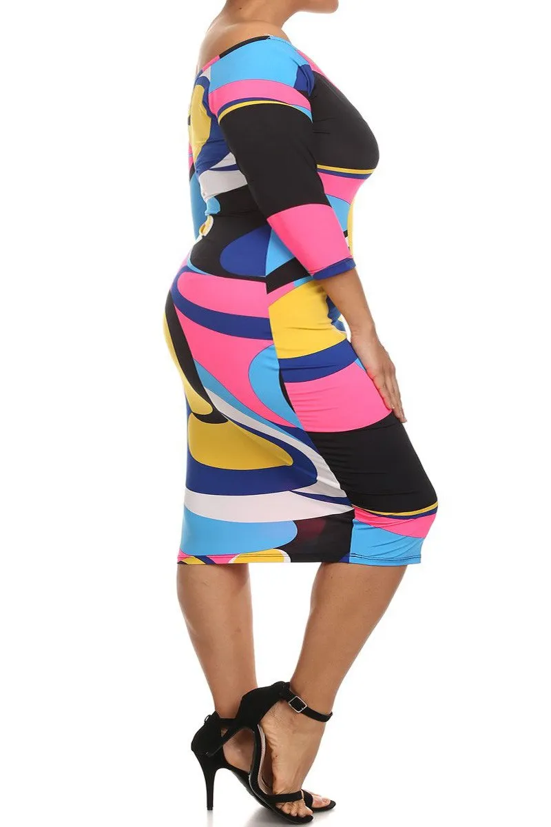 Plus Size Colorful Abstract Bodycon Boat Neck Dress