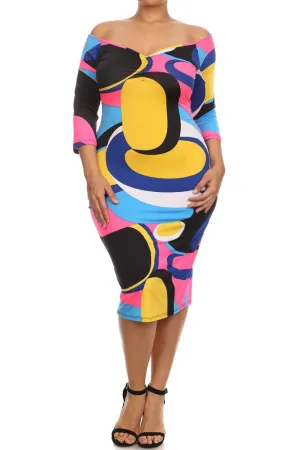 Plus Size Colorful Abstract Bodycon Boat Neck Dress