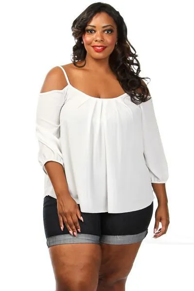 Plus Size Pleated Cold Shoulder Blouse